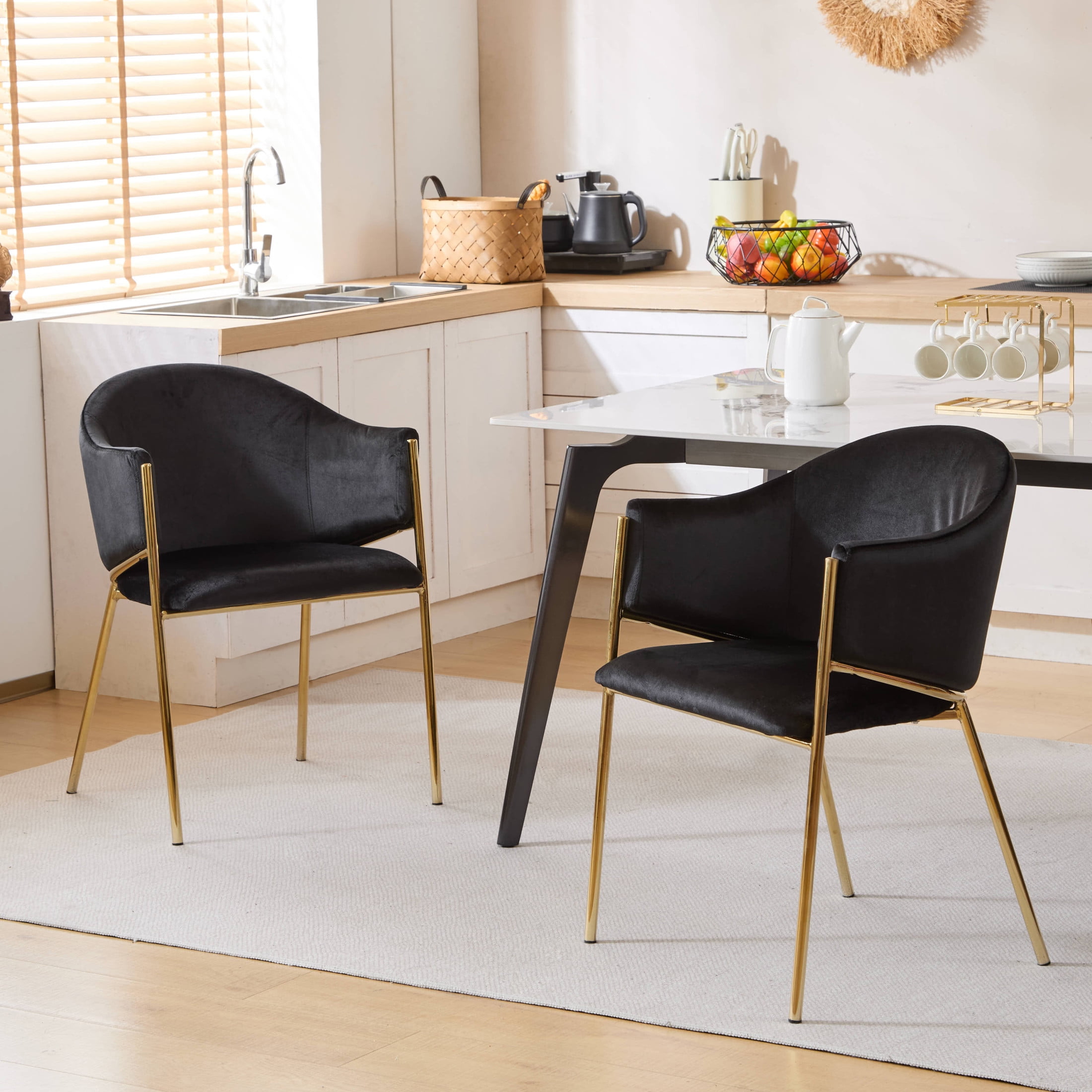 Aralyn Modern Upholstered Velvet Dining Chairs, Iron, Gold + Black, Set of 2