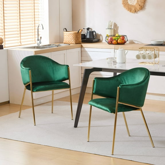 Aralyn Modern Upholstered Velvet Dining Chairs, Iron, Gold + Emerald, Set of 2