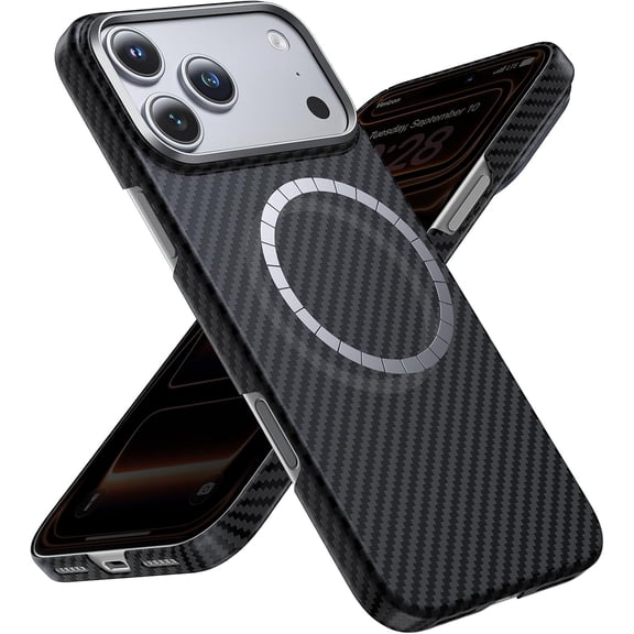 Aramid Fiber Carbon Texture Case for iPhone 17/18 Pro Max, Ultra Slim Magnetic Protective Cover, Black