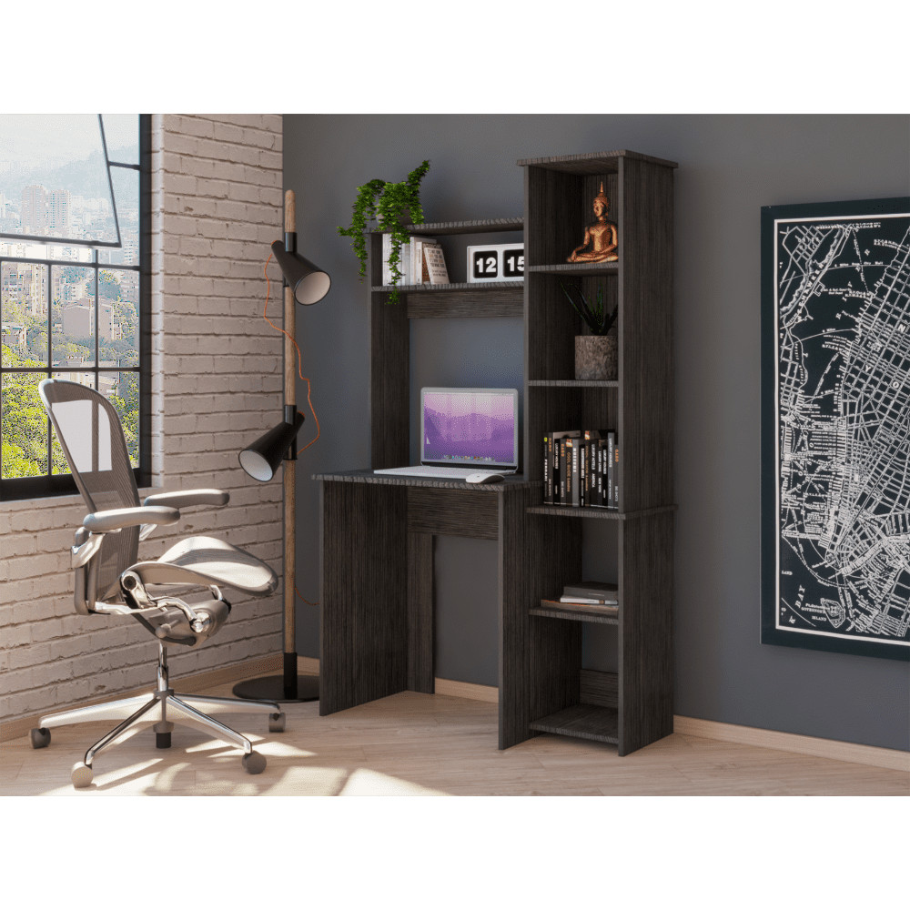 Aramis Smokey Oak Desk with Five Shelves & Two Superior Shelves