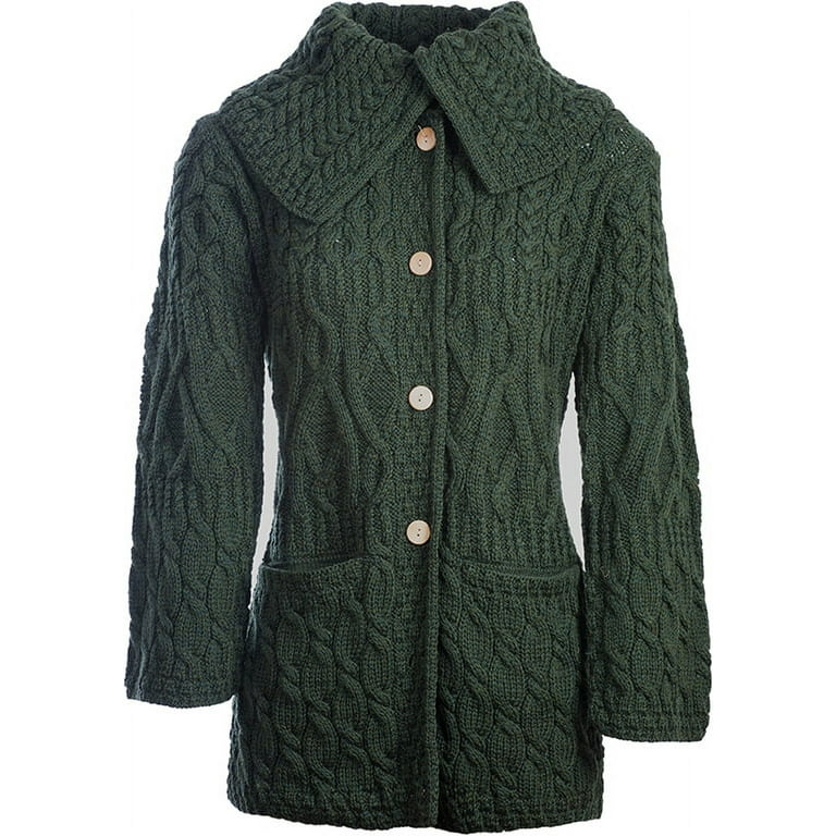 Aran Woollen Mills merino wool green button down hooded popular cardigan w/ pockets NWT