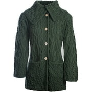 Aran 100% Merino Wool Cable Knit Cardigan Sweater Womens Button Up Long Shawl Collar Irish Coat with Pockets by Aran Woollen Mills