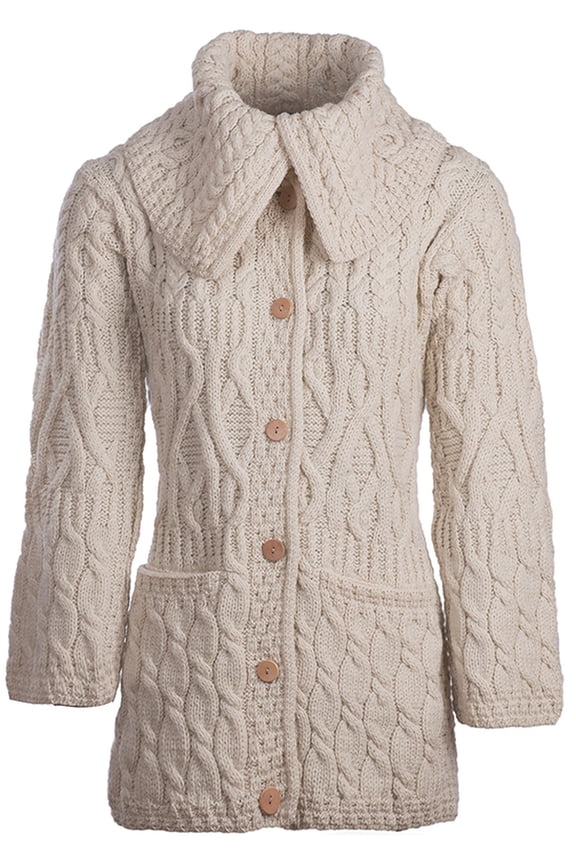 Aran 100% Merino Wool Cable Knit Cardigan Sweater Women's Button Up Long Shawl Collar Irish Coat with Pockets by Aran Woollen Mills