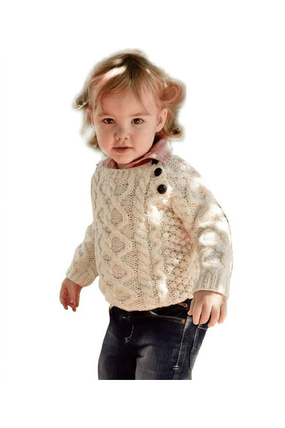 Aran Baby Hand Knitted 100% Soft Merino Wool Sweater with Side Buttons for Toddler Irish White Jumper Made in Ireland