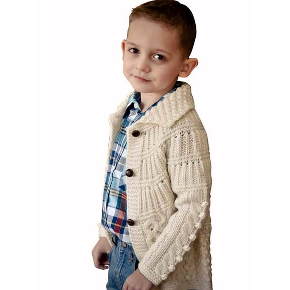 Aran Boy's 100% Merino Wool Irish Cardigan with Buttons | Aran Cable Knit Kids Button Sweater Fold Over Collar White