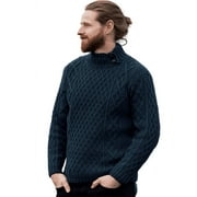 Aran Button Collar Irish Sweater 100% Merino Wool Men`s Cable Knitted Traditional Pullover Made in Ireland