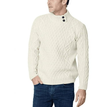 Aran Button Collar Irish Sweater 100% Merino Wool Men`s Cable Knitted Traditional Pullover Made in Ireland