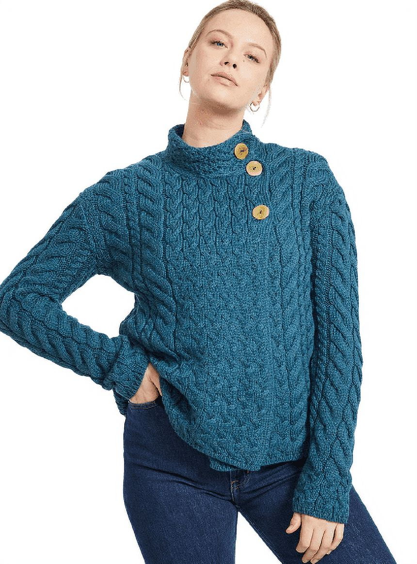 Aran Button Neck Merino Wool Cardigan Women's Irish Asymmetrical Multi Cable  Knitted Sweater Made in Ireland 