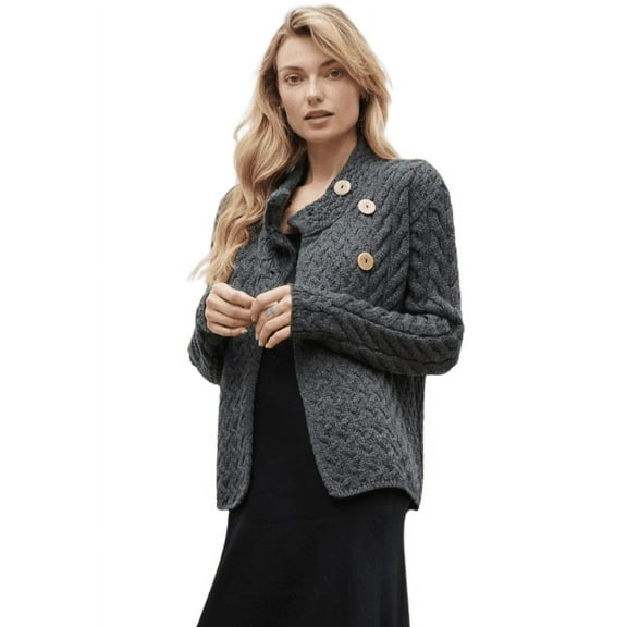 Aran Button Neck Merino Wool Cardigan Women's Irish Asymmetrical Multi Cable Knitted Sweater Made in Ireland