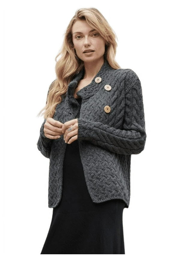 Aran Button Neck Merino Wool Cardigan Women's Irish Asymmetrical Multi Cable Knitted Sweater Made in Ireland