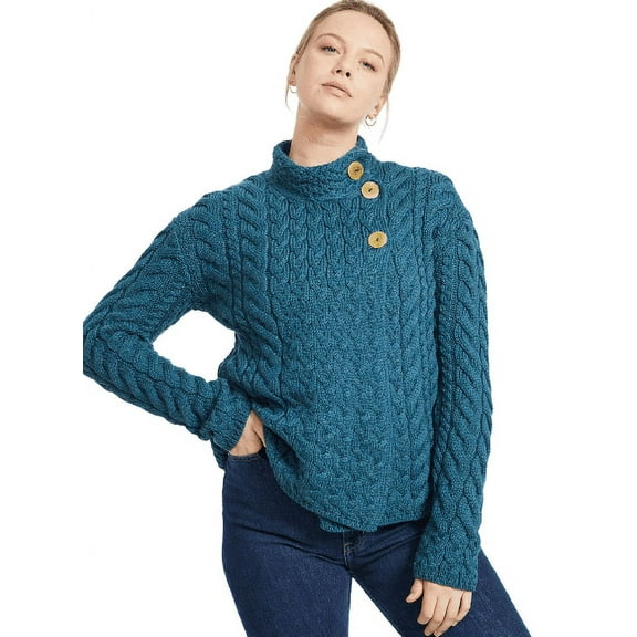 Aran Button Neck Merino Wool Cardigan Women's Irish Asymmetrical Multi Cable Knitted Sweater Made in Ireland