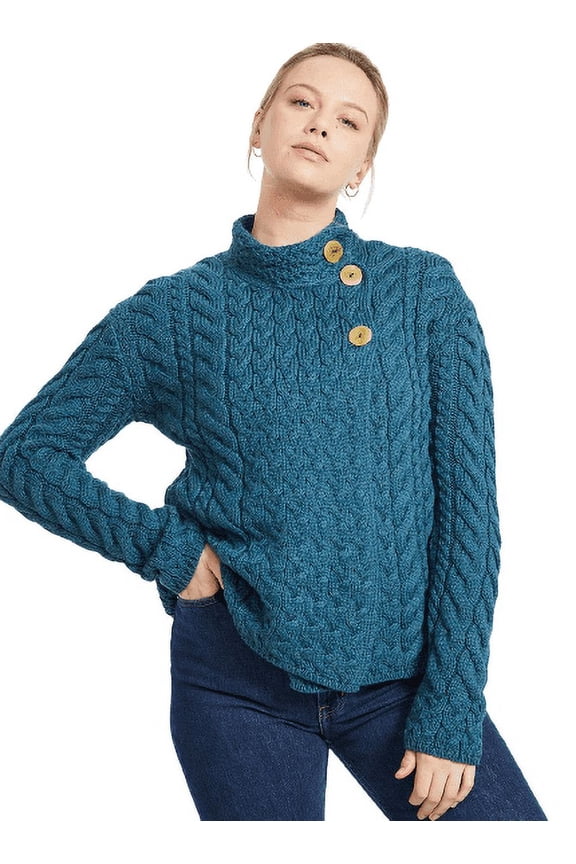 Aran Button Neck Merino Wool Cardigan Women's Irish Asymmetrical Multi Cable Knitted Sweater Made in Ireland