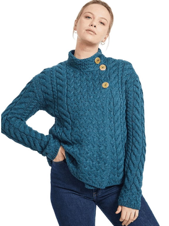 Aran Button Neck Merino Wool Cardigan Women's Irish Asymmetrical Multi Cable Knitted Sweater Made in Ireland