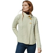 Aran Button Neck Merino Wool Cardigan Women's Irish Asymmetrical Multi Cable Knitted Sweater Made in Ireland