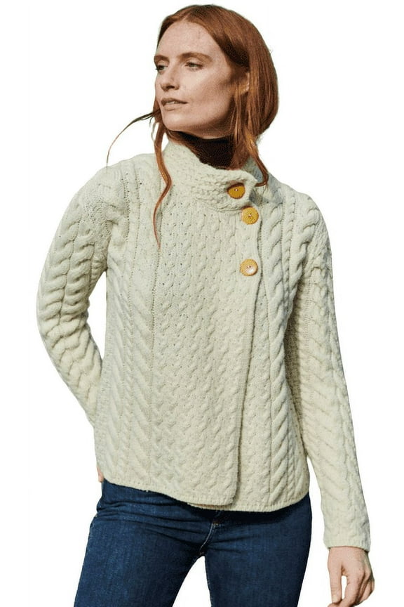 Aran Button Neck Merino Wool Cardigan Women's Irish Asymmetrical Multi Cable Knitted Sweater Made in Ireland