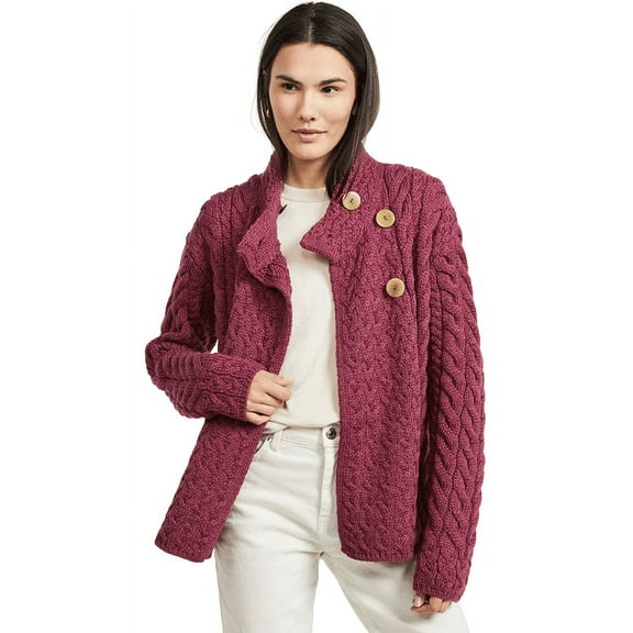 Aran Button Neck Merino Wool Cardigan Women's Irish Asymmetrical Multi Cable Knitted Sweater Made in Ireland