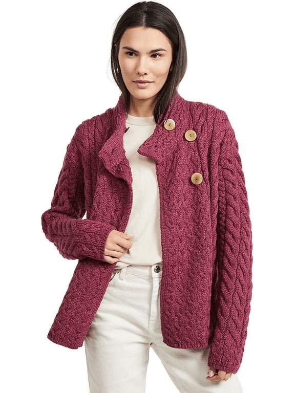 Aran Button Neck Merino Wool Cardigan Women's Irish Asymmetrical Multi Cable Knitted Sweater Made in Ireland