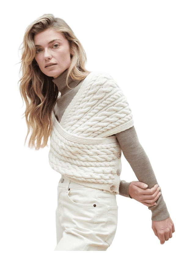 Aran Cable Knit Crossover Wrap 100% Premium Merino Wool Sweater Made in Ireland