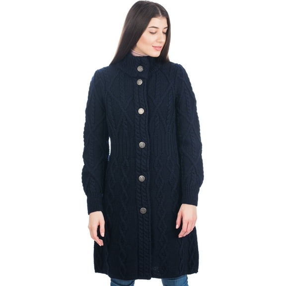 SAOL 100% Merino Wool Irish Cardigan Women's Aran Long Outdoor Cable Knit Coatigan Jacket with Celtic Knot Buttons Made in Ireland