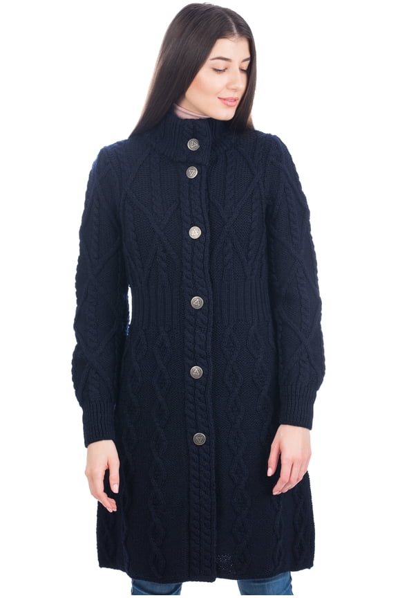 100% Merino Wool Irish Cardigan Women's Aran Long Outdoor Cable Knit Coatigan Jacket with Celtic Knot Buttons Made in Ireland
