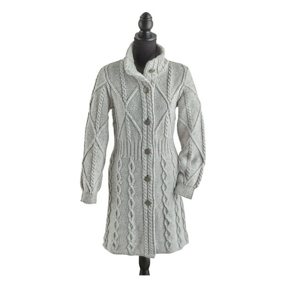 SAOL 100% Merino Wool Irish Cardigan Women's Aran Long Outdoor Cable Knit Coatigan Jacket with Celtic Knot Buttons Made in Ireland