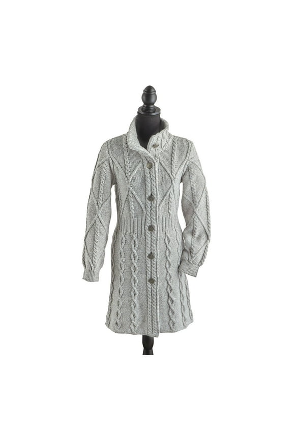 SAOL 100% Merino Wool Irish Cardigan Women's Aran Long Outdoor Cable Knit Coatigan Jacket with Celtic Knot Buttons Made in Ireland