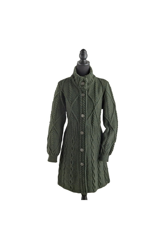 SAOL 100% Merino Wool Irish Cardigan Women's Aran Long Outdoor Cable Knit Coatigan Jacket with Celtic Knot Buttons Made in Ireland