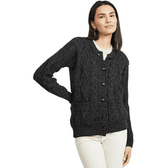 Aran Chunky Wool Cardigan Women's Buttons Cable Knitted Traditional Irish Sweater with Pockets Made in Ireland