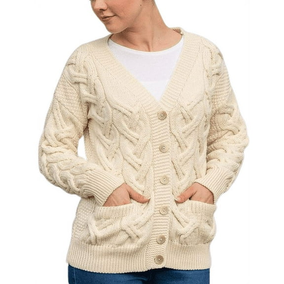 Aran Irish Button Up Cardigan Sweater 100% Supersoft Merino Wool Women`s Traditional Cable Knitted Jacket with Pockets Made in Ireland