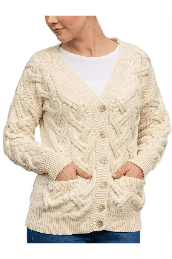 Aran Irish Button Up Cardigan Sweater 100% Supersoft Merino Wool Women`s Traditional Cable Knitted Jacket with Pockets Made in Ireland