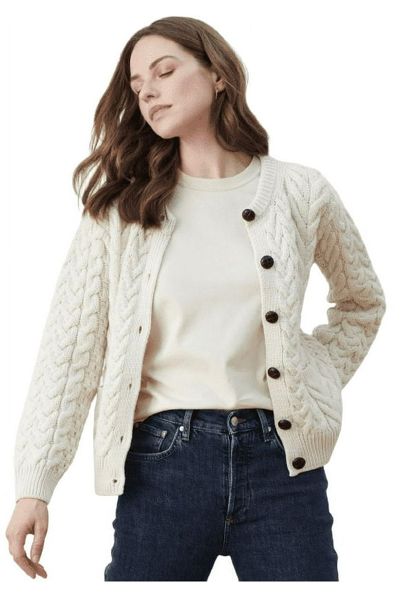 Aran Irish Cardigan Sweater for Women Made in Ireland Supersoft Merino Wool Lumber Jacket