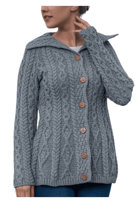 Aran Irish Knit Cardigan Sweater 100% Merino Wool Women's Chunky Jacket with Buttons Made in Ireland