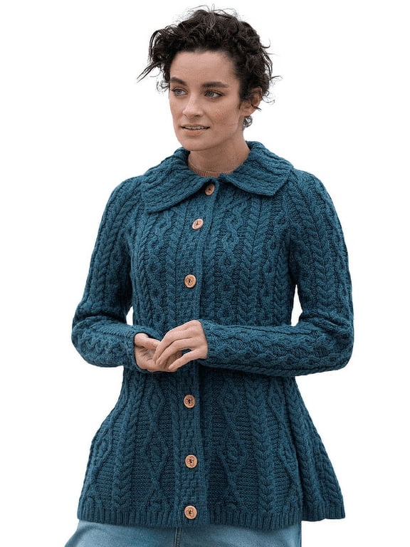Aran Irish Knit Cardigan Sweater 100% Merino Wool Women's Chunky Jacket with Buttons Made in Ireland