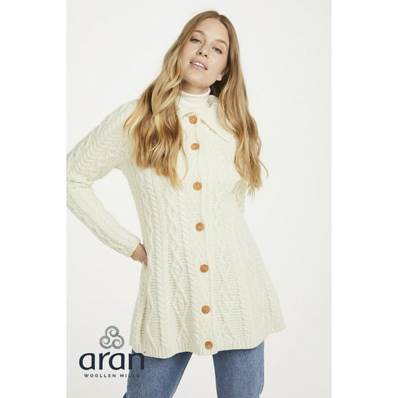 Aran Irish Knit Cardigan Sweater 100% Merino Wool Women's Chunky Jacket with Buttons Made in Ireland