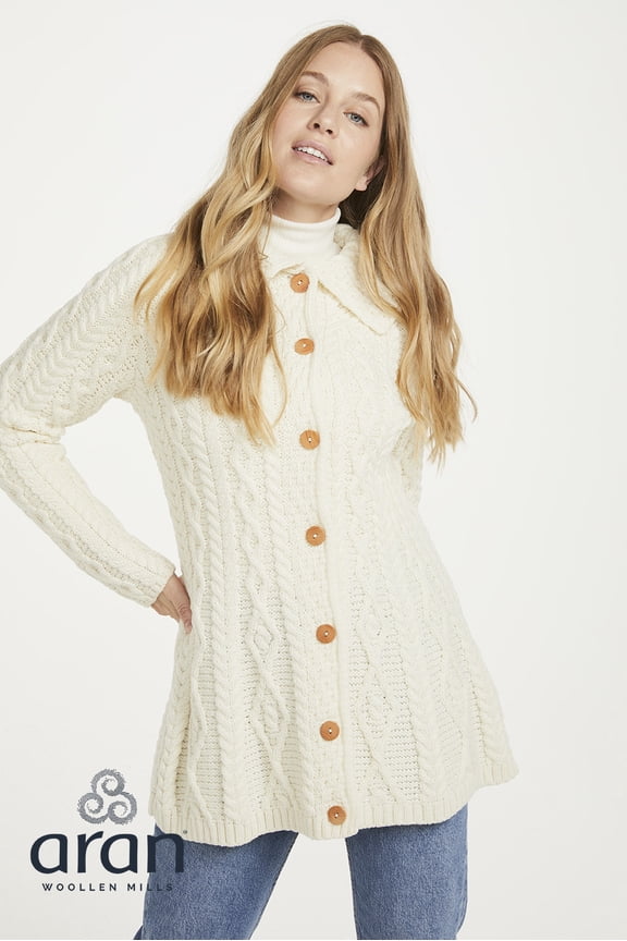 Aran Irish Knit Cardigan Sweater 100% Merino Wool Women's Chunky Jacket with Buttons Made in Ireland