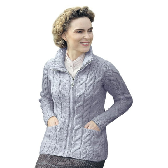 Aran Irish Merino Wool Zipper Cardigan Sweater Women's Knitted Jacket with Mock Turtleneck Made in Ireland