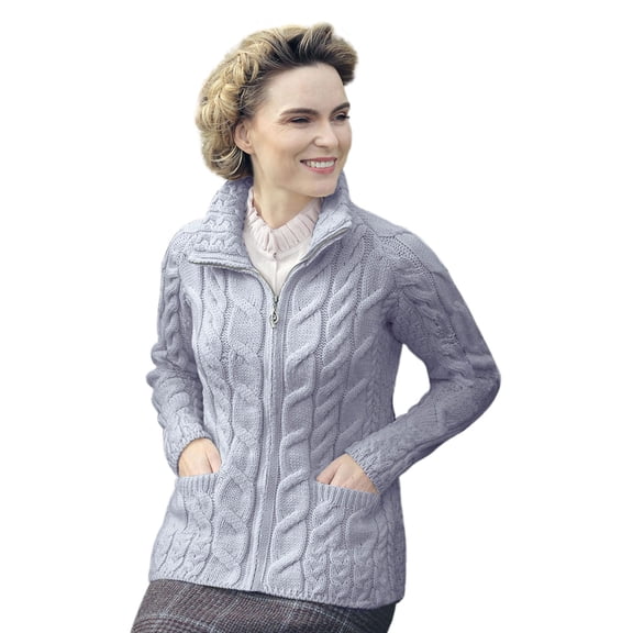 Aran Irish Merino Wool Zipper Cardigan Sweater Women's Knitted Jacket with Mock Turtleneck Made in Ireland