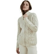 Aran Irish Merino Wool Zipper Cardigan Sweater Womens Knitted Jacket with Mock Turtleneck Made in Ireland