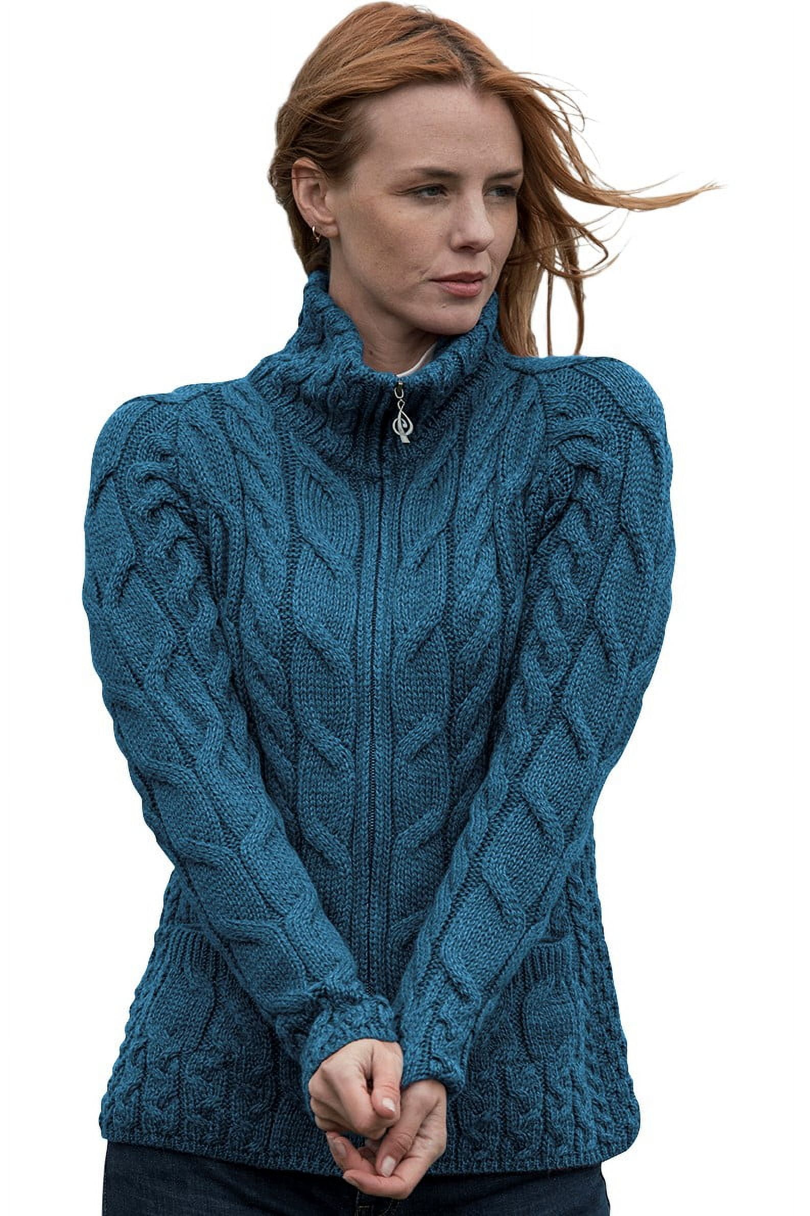 Aran Irish Merino Wool Zipper Cardigan Sweater Women's Knitted