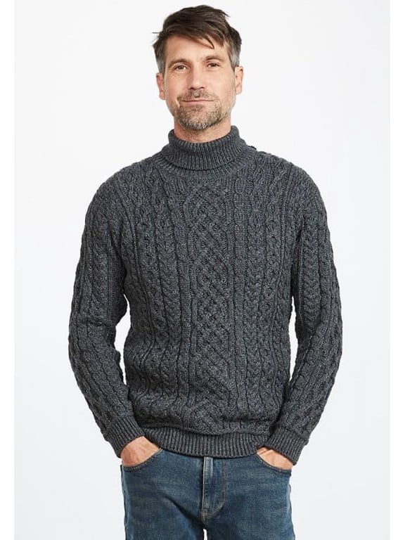 Aran Irish Traditional High Neck Sweater 100% SuperSoft Merino Wool Men's Cable Knitted Pullover Made in Ireland