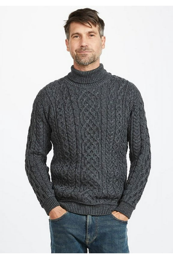 Aran Irish Traditional High Neck Sweater 100% SuperSoft Merino Wool Men's Cable Knitted Pullover Made in Ireland