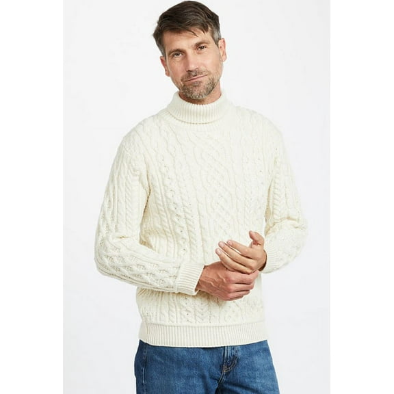 Aran Irish Traditional High Neck Sweater 100% SuperSoft Merino Wool Men's Cable Knitted Pullover Made in Ireland