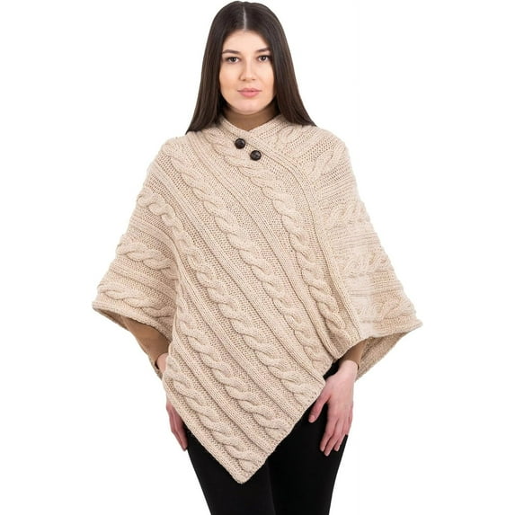 Aran Isle Ladies Irish Aran Cable Knit Buttoned Poncho- 100% Virgin Wool