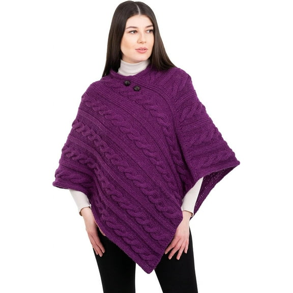 Aran Isle Ladies Irish Aran Cable Knit Buttoned Poncho- 100% Virgin Wool
