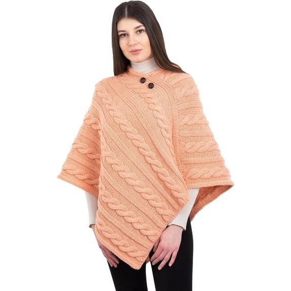 Aran Isle Ladies Irish Aran Cable Knit Buttoned Poncho- 100% Virgin Wool