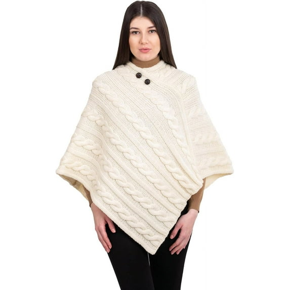 Aran Isle Ladies Irish Aran Cable Knit Buttoned Poncho- 100% Virgin Wool