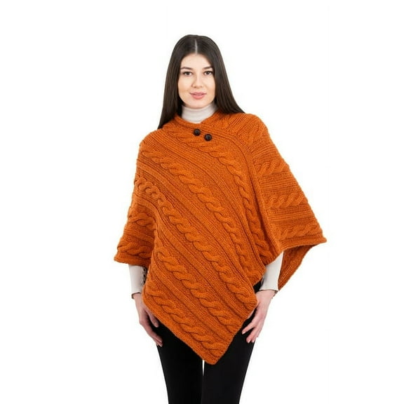 Aran Isle Ladies Irish Aran Cable Knit Buttoned Poncho- 100% Virgin Wool