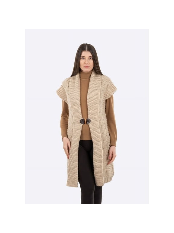 Sleeveless Shawl Collar Buttoned Cardigan Cable & Moss Knit 100% Virgin Wool