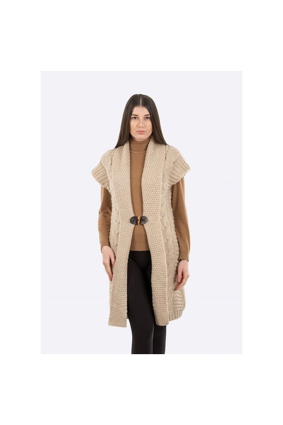 Sleeveless Shawl Collar Buttoned Cardigan Cable & Moss Knit 100% Virgin Wool