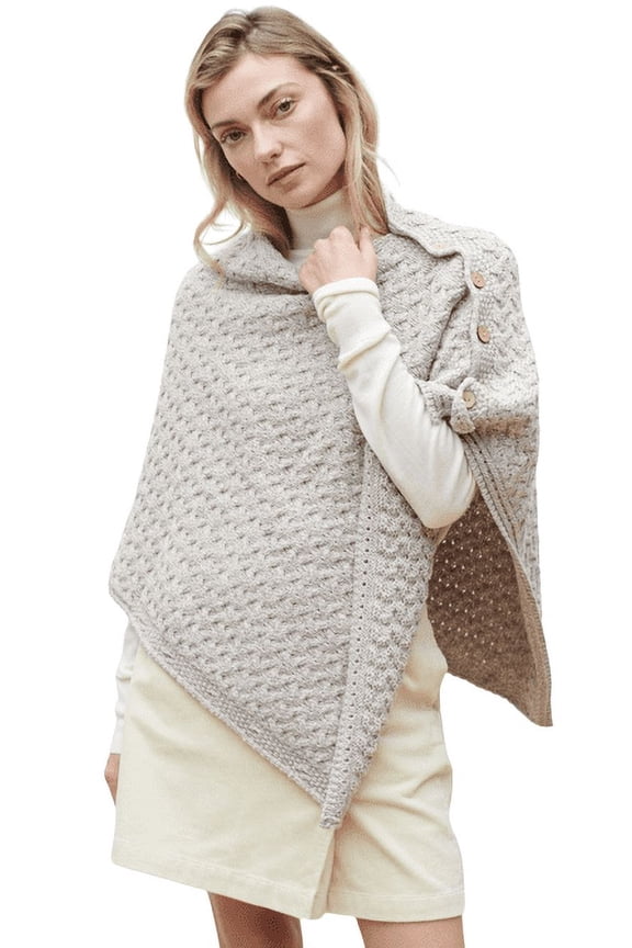Aran Knitted Poncho SuperSoft Merino Wool Buttoned Irish Cape Made in Ireland, One Size
